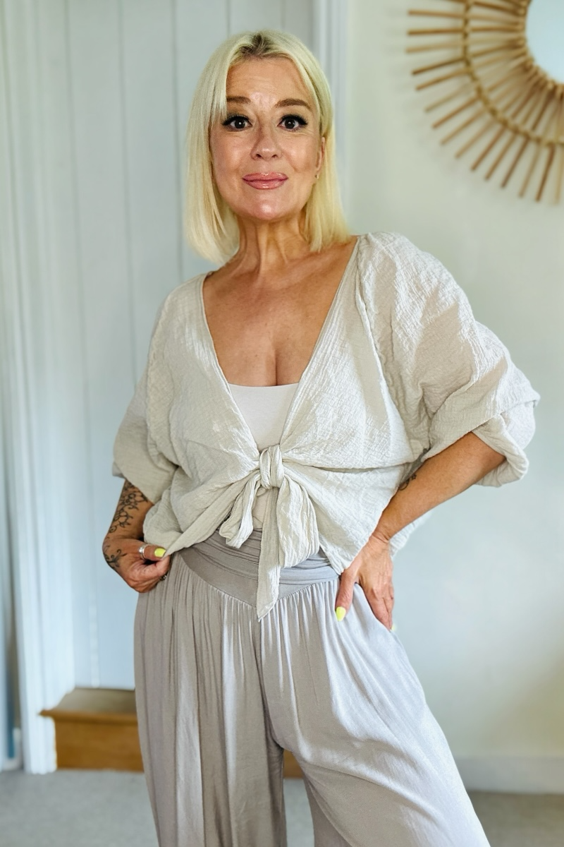 Cotton Waffle Tie Front Top