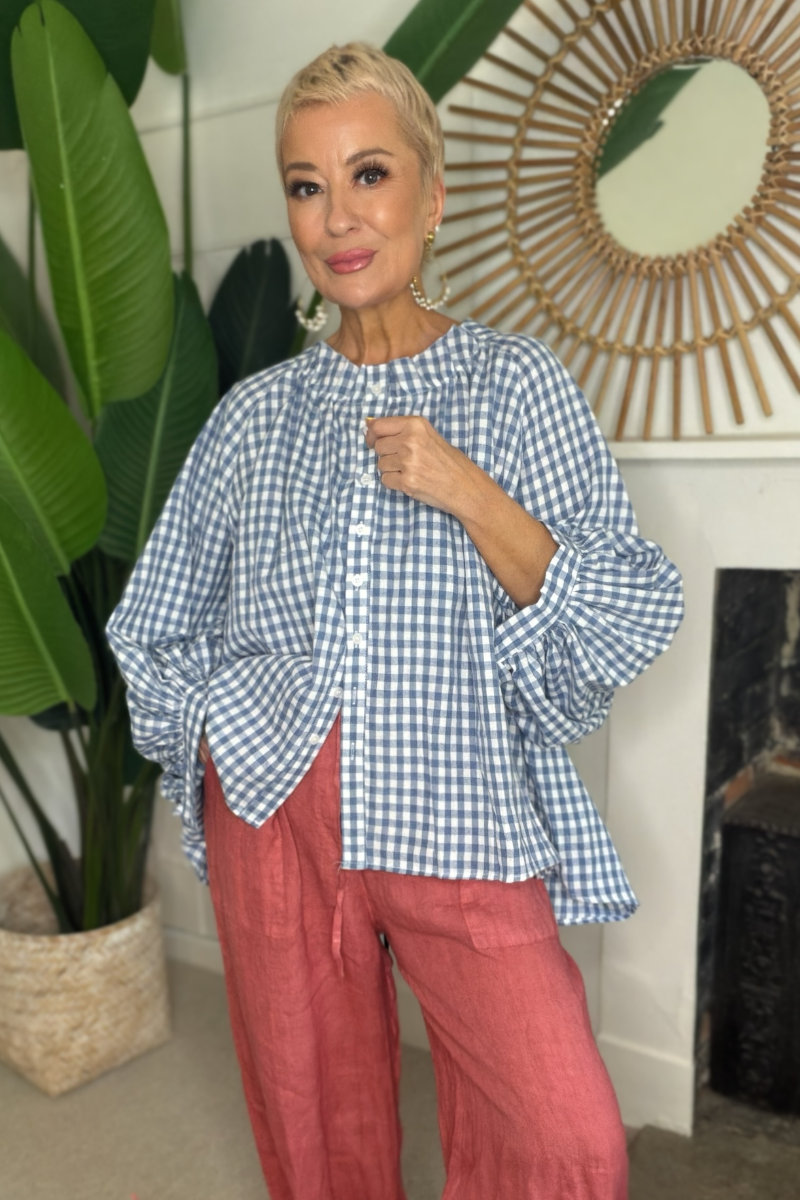 Gingham Balloon Sleeve Blouse