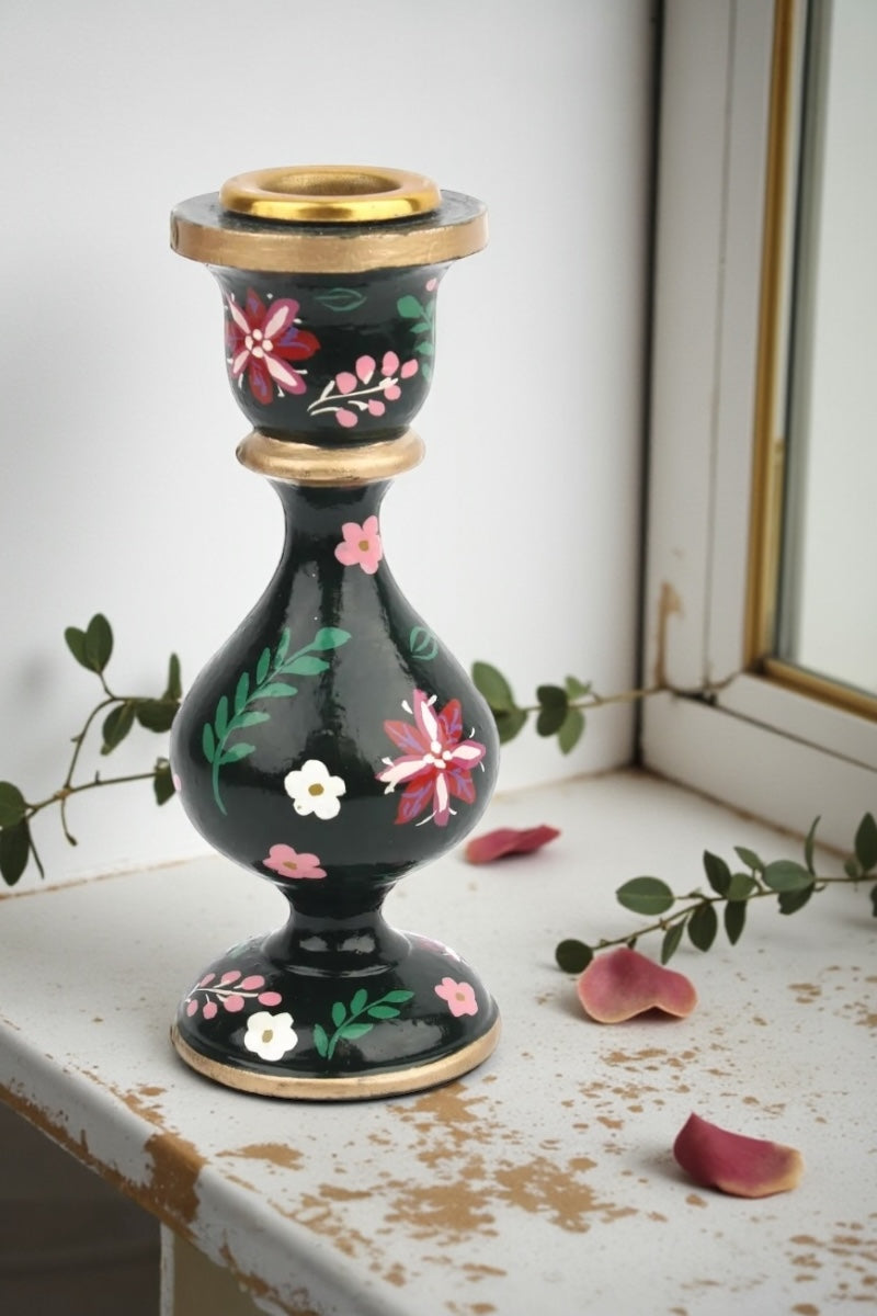Hand Painted Small Candlestick Holder - Green