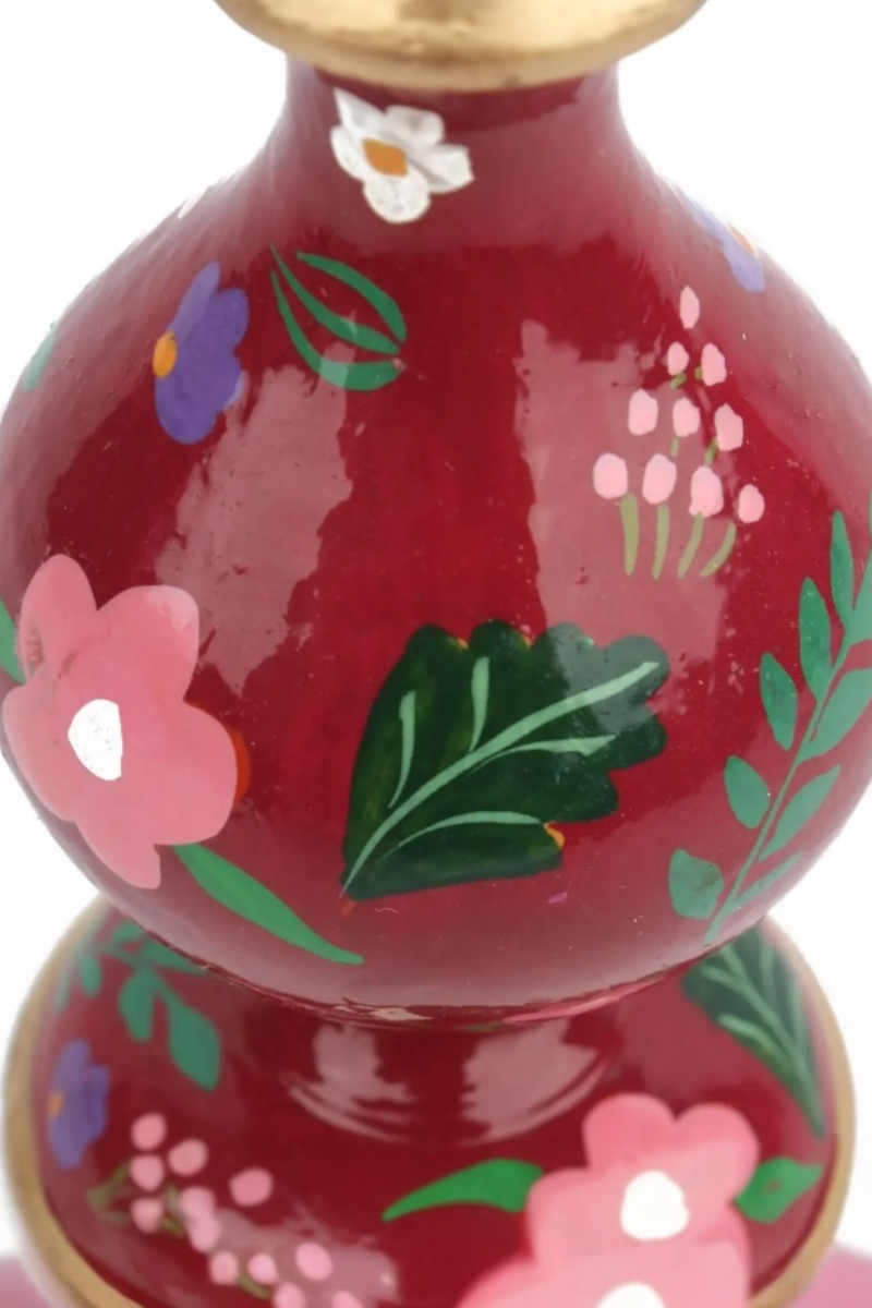 Hand Painted Small Candlestick Holder - Burgundy