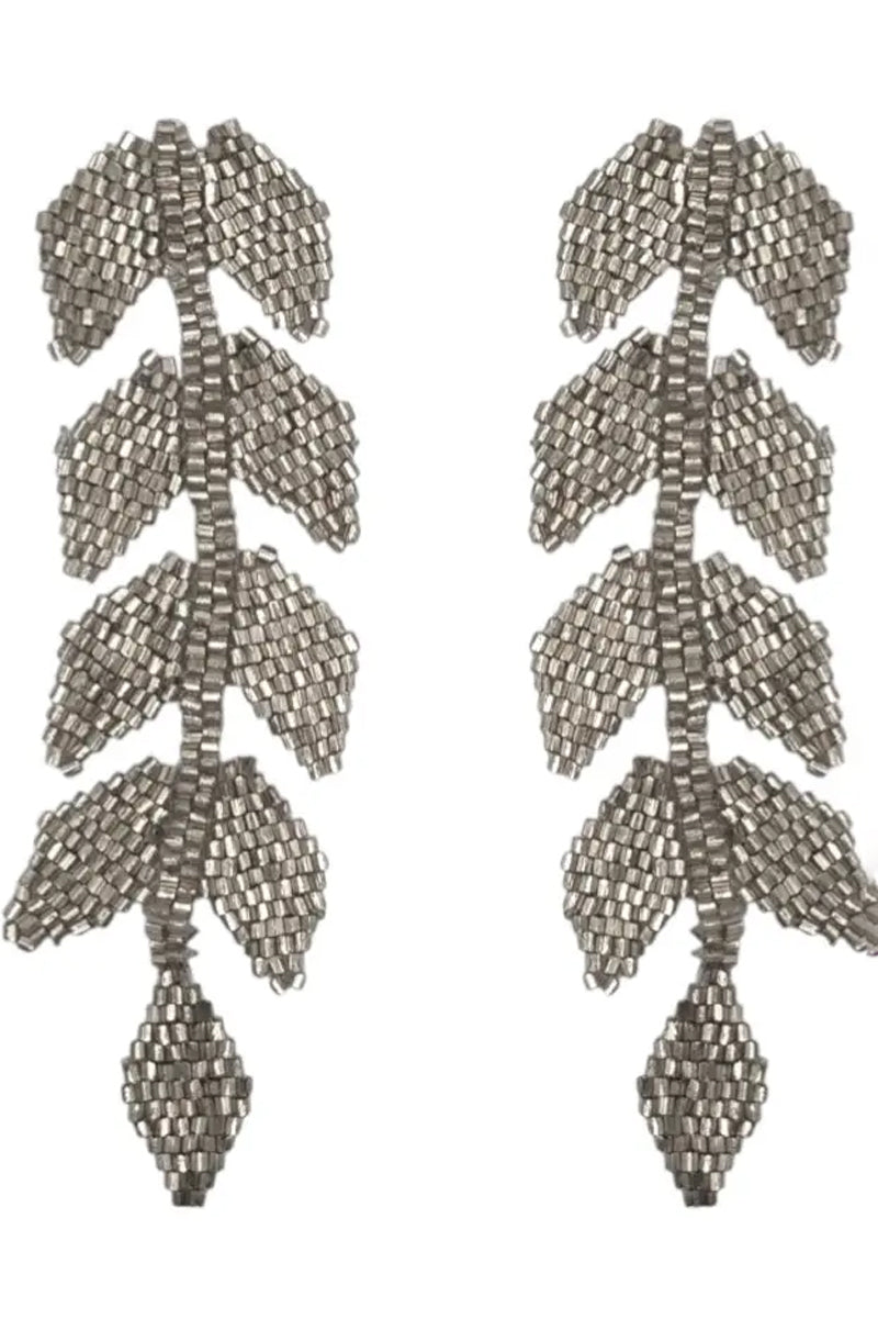 Silver Shimmer Beaded Leaf Drop Earrings