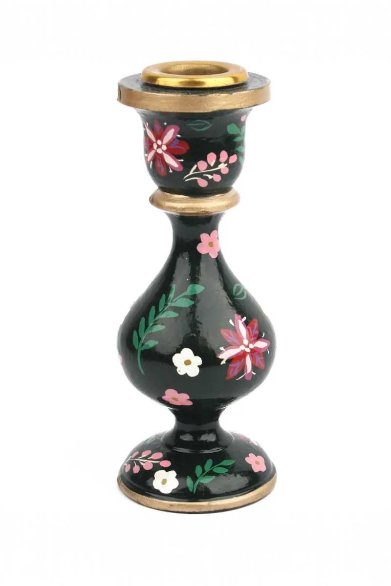 Hand Painted Small Candlestick Holder - Green