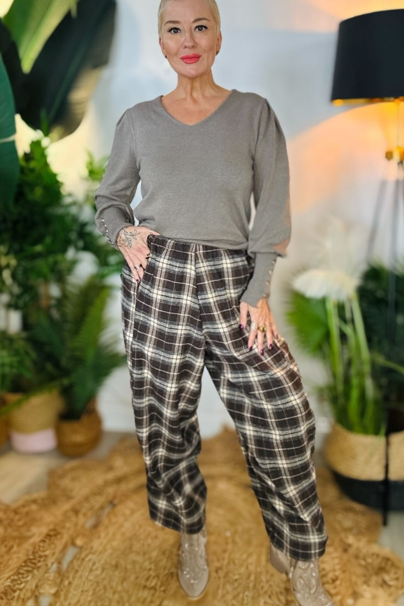 Demi Checked Barrel Leg Trousers