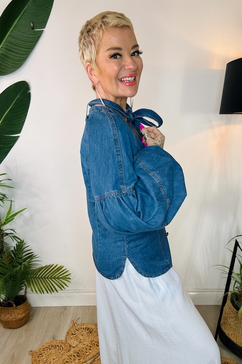 Balloon Sleeve Denim Blouse