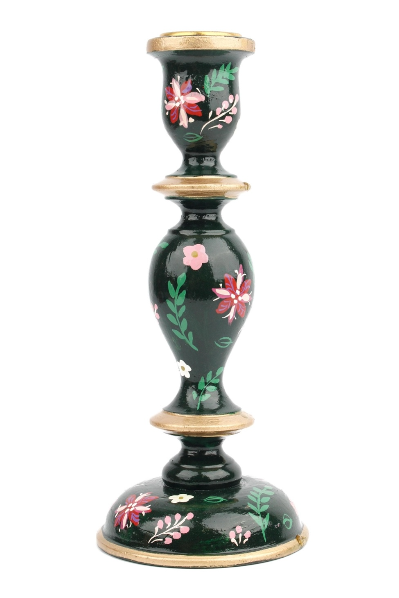 Hand Painted Large Candlestick Holder - Dk Green