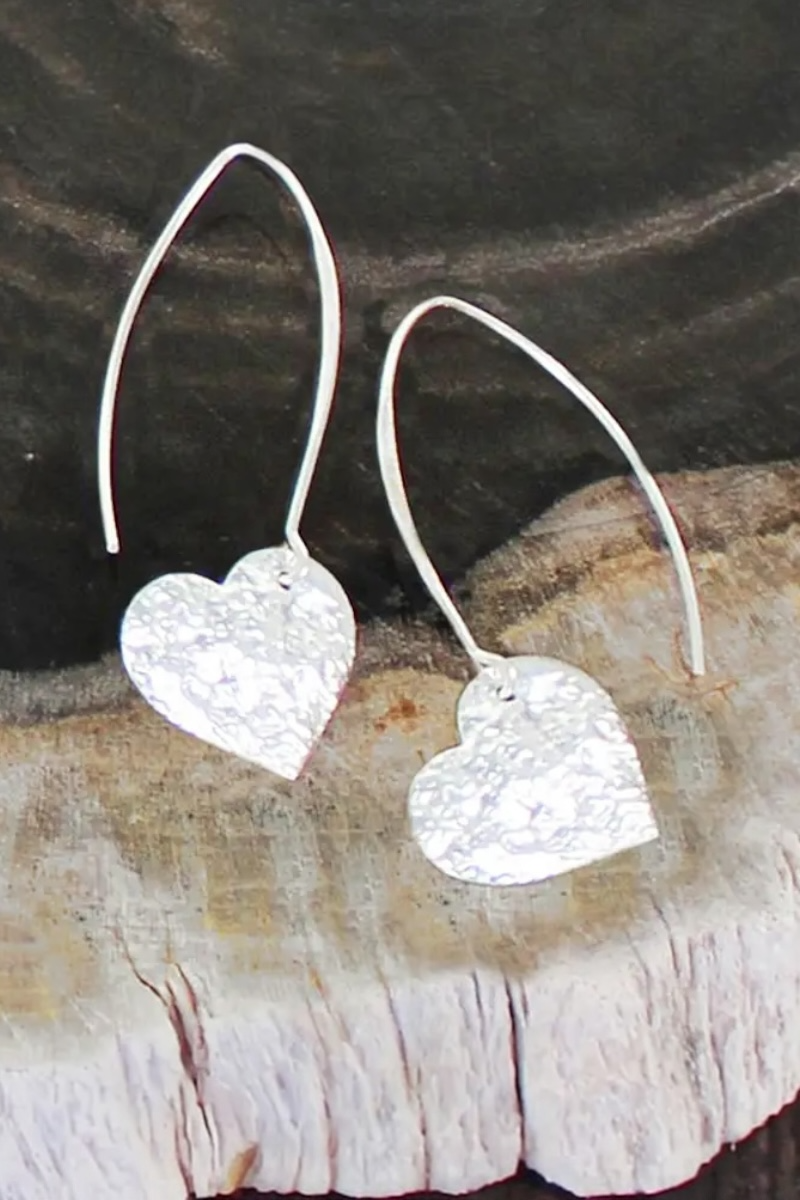 Silver Hammered Heart Drop Earrings