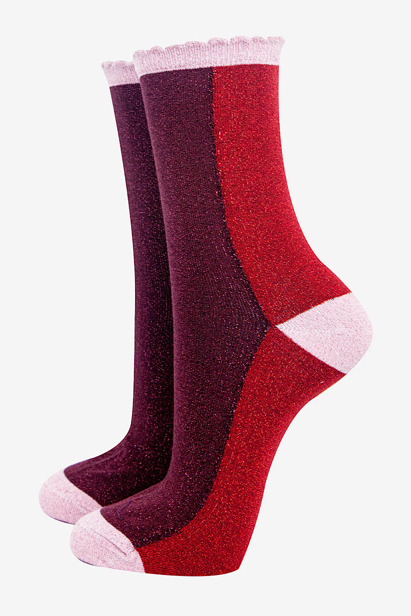 Colour Block Glitter Socks - Berry/Red