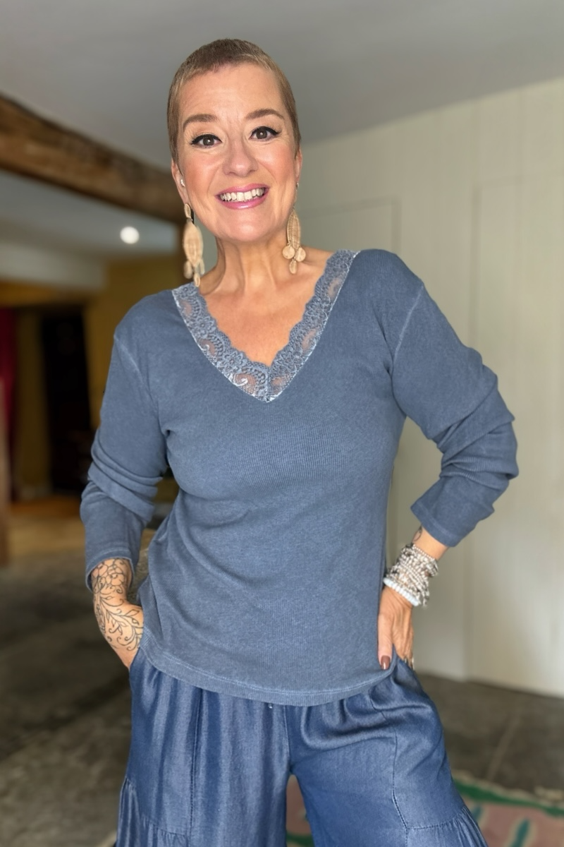 Beth Lace V Neck Ribbed Top