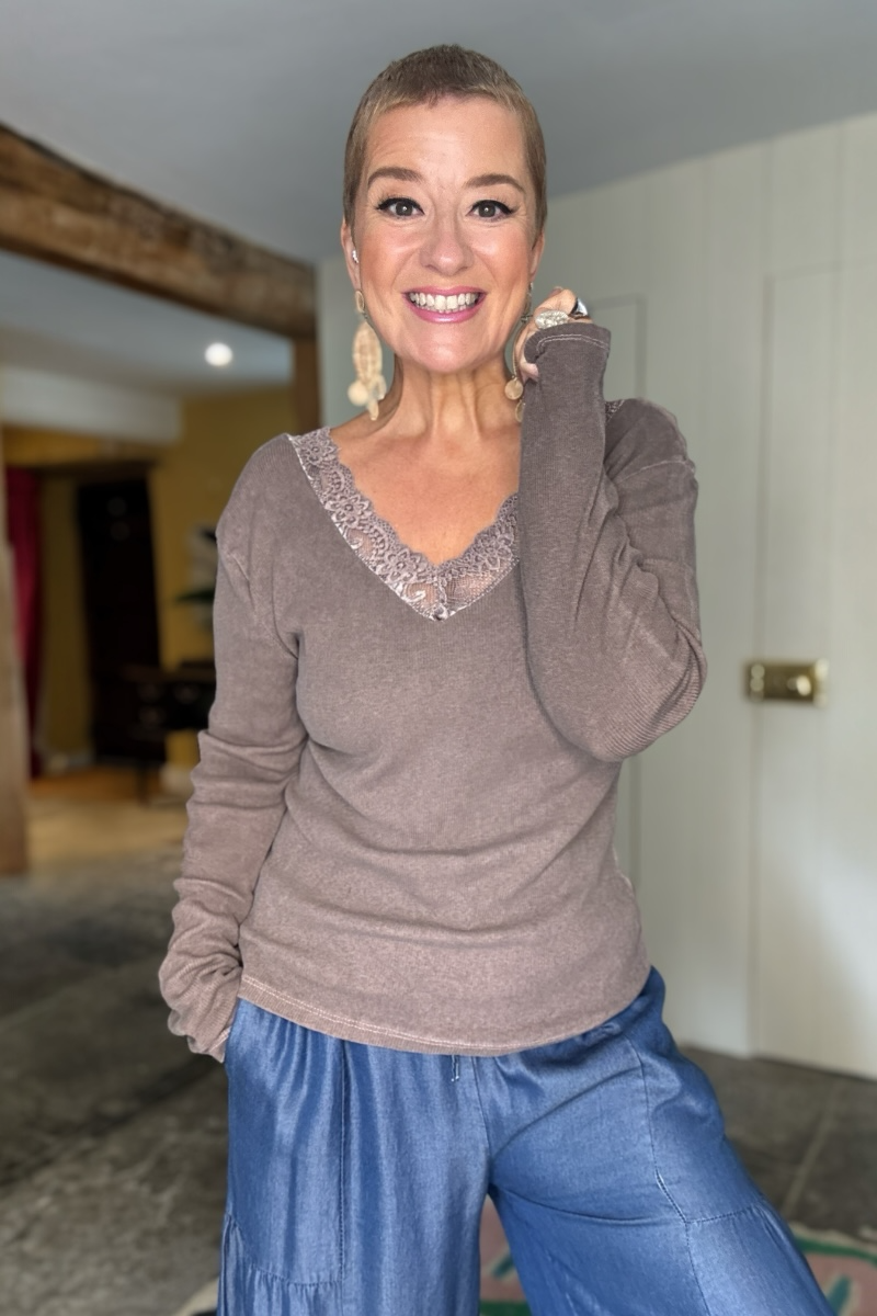 Beth Lace V Neck Ribbed Top