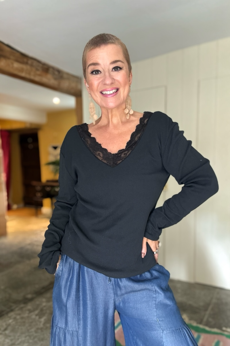 Beth Lace V Neck Ribbed Top