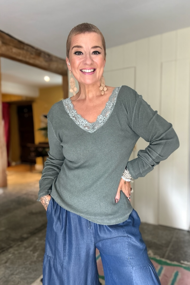 Beth Lace V Neck Ribbed Top