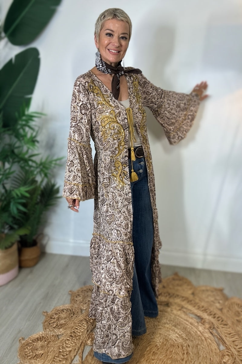 Hand-Embroidered Paisley Print Kimono