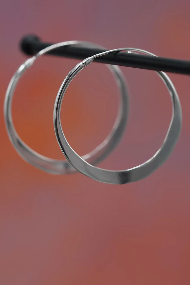Hammered Flat Silver Hoop Earrings - 4cm