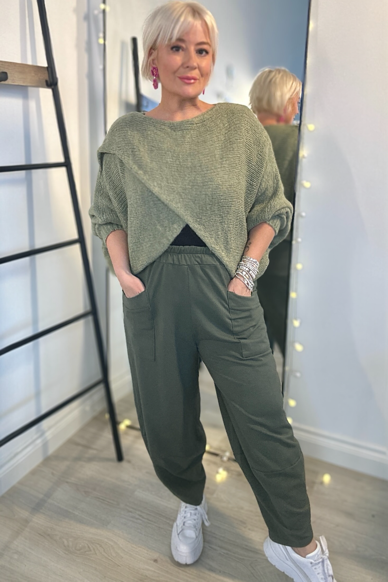 khaki front pocket balloon trousers