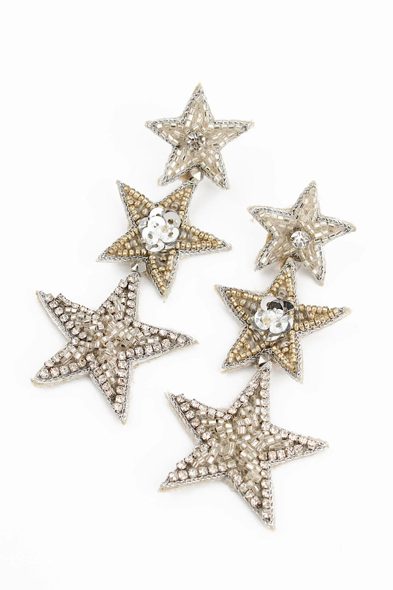 silver triple star earrings