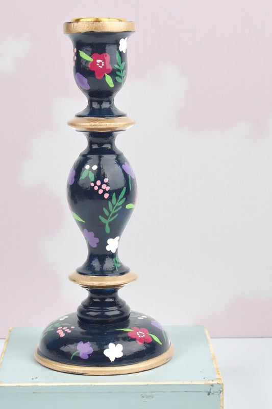 Hand Painted Large Candlestick Holder - Navy