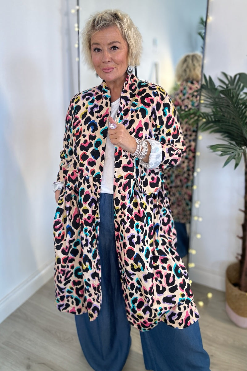 Pippa Leopard Print Corduroy Duster Coat