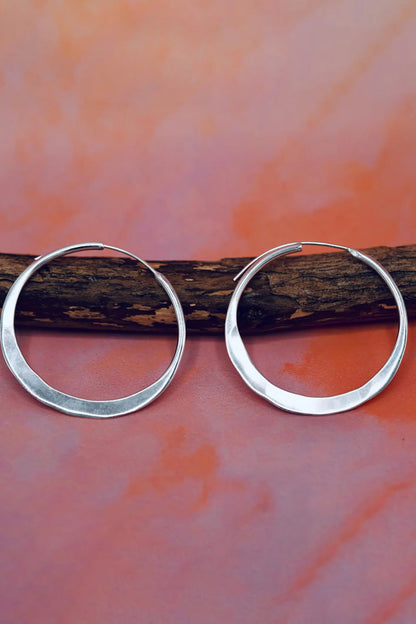 Hammered Flat Silver Hoop Earrings - 4cm