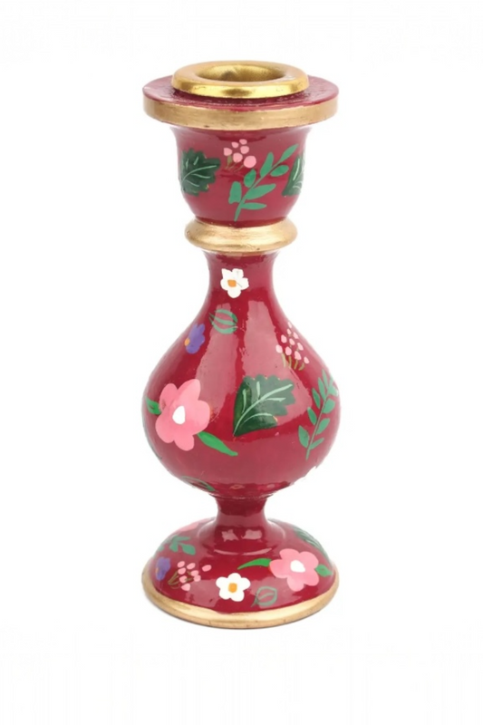 Hand Painted Small Candlestick Holder - Burgundy