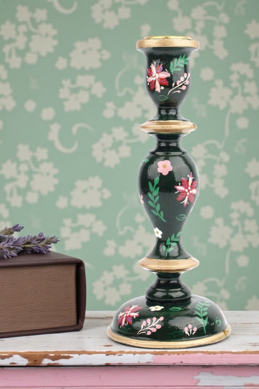 Hand Painted Large Candlestick Holder - Dk Green