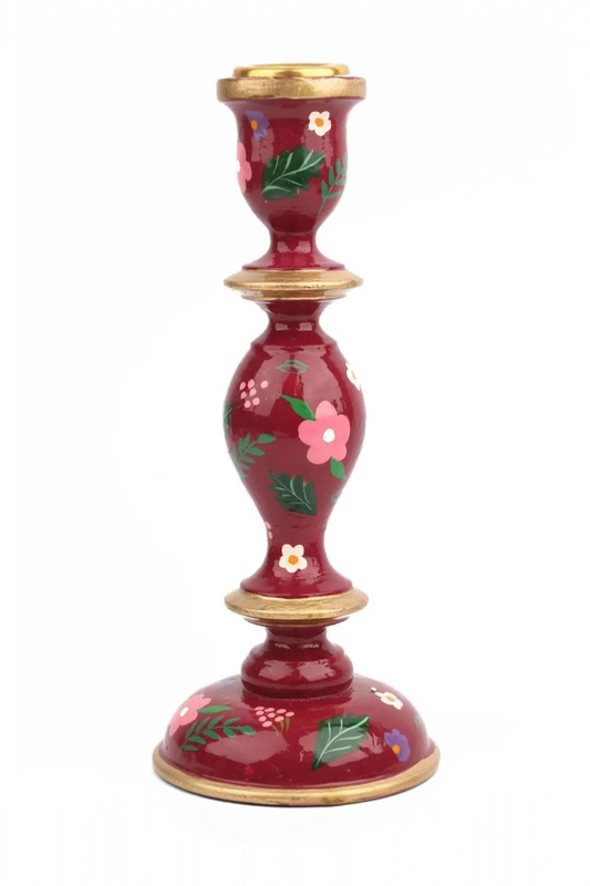 Hand Painted Large Candlestick Holder - Burgundy