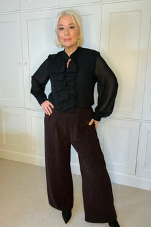 Seren Wide Leg Glitter Trousers - Chocolate