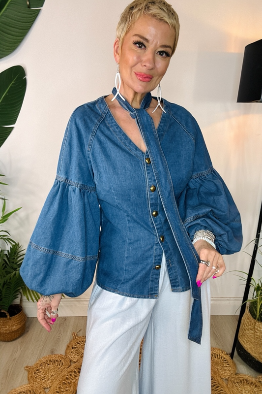 Balloon Sleeve Denim Blouse