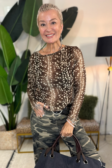 Sheerest Cashmere Mix Knitted Top  - Fawn print