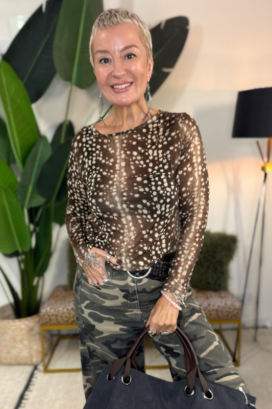 Sheerest Cashmere Mix Knitted Top  - Fawn print