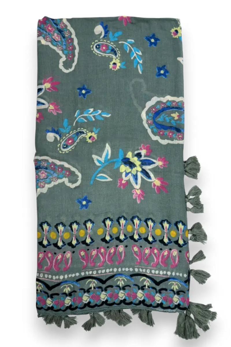 Paisley Print Tassel Square Scarf - Green