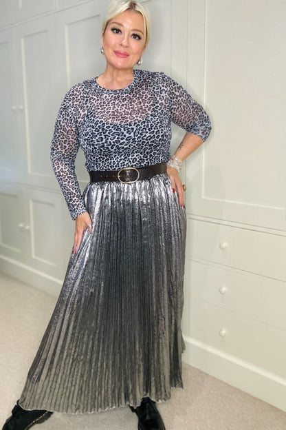 Lacey Metallic Pleated Maxi Skirt