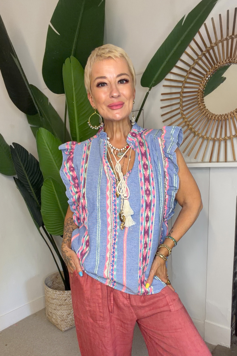 Embroidered Tassel Tie Top