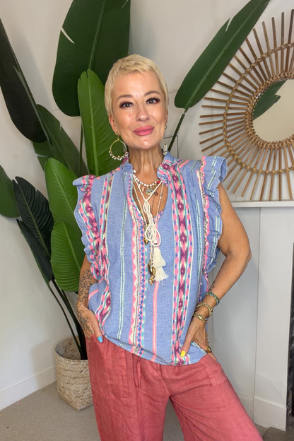 Embroidered Tassel Tie Top