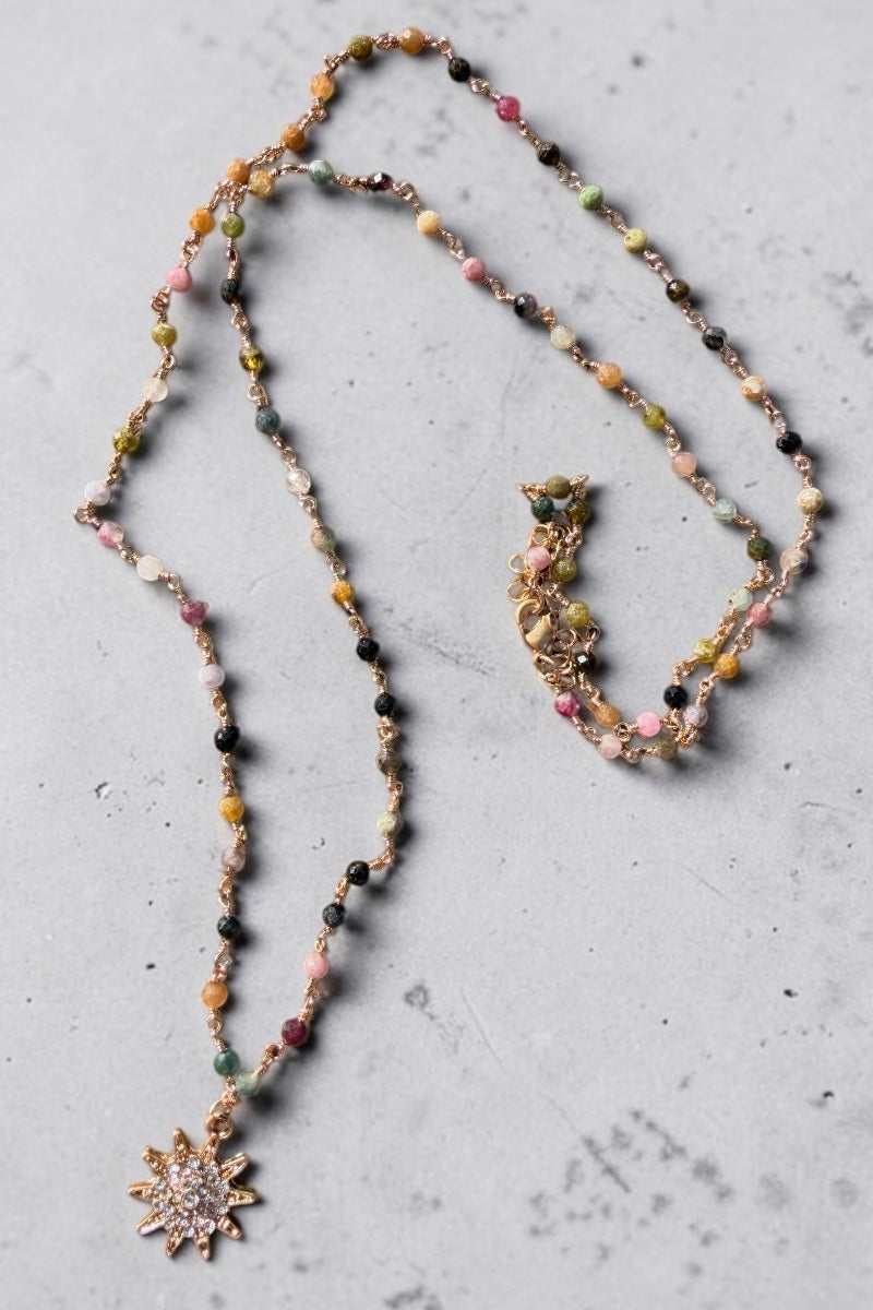 Multi Colour Semi Precious Beaded Sun Pendant Necklace