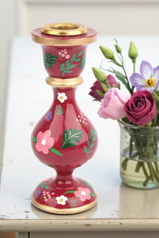 Hand Painted Small Candlestick Holder - Burgundy