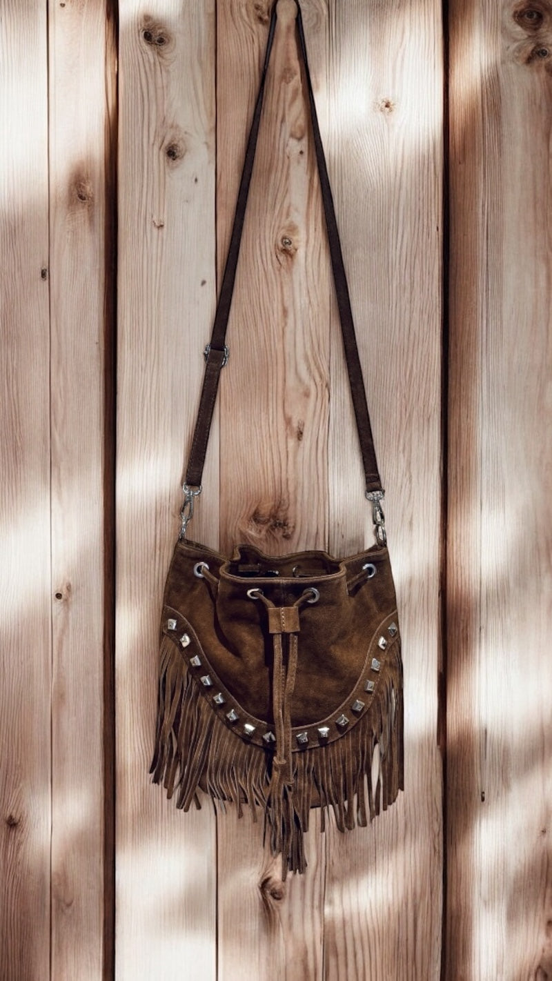 Leather & Suede Fringed Bucket Bag With Studs