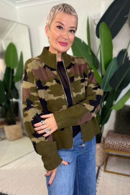 Camo Knitted Zip-Up Cardigan