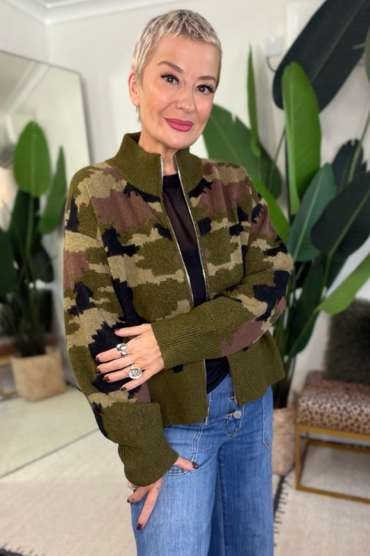 Camo Knitted Zip-Up Cardigan