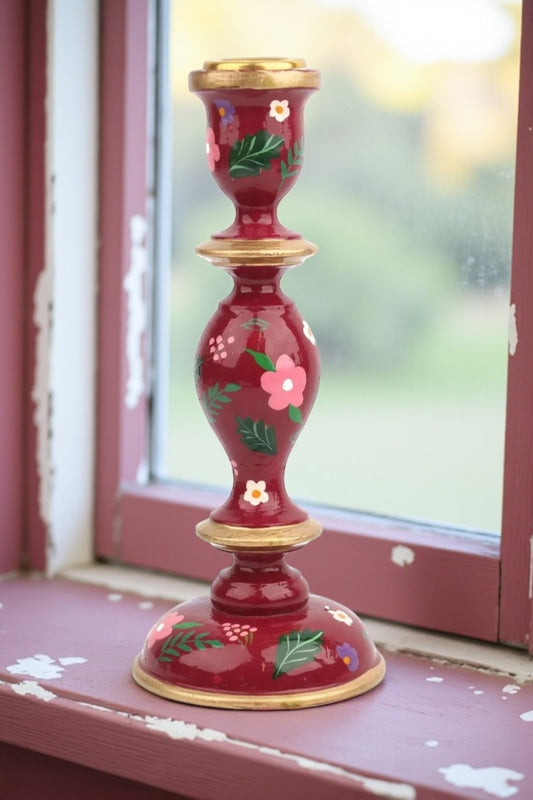 Hand Painted Large Candlestick Holder - Burgundy