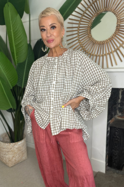 Gingham Balloon Sleeve Blouse