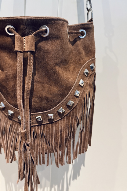 Leather & Suede Fringed Bucket Bag With Studs