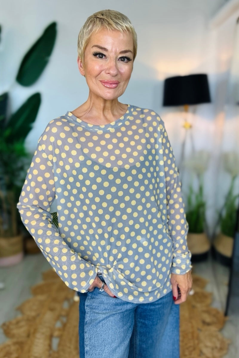 Polka Dot Print Mesh Top