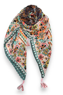 Flower Print Tassel Square Scarf