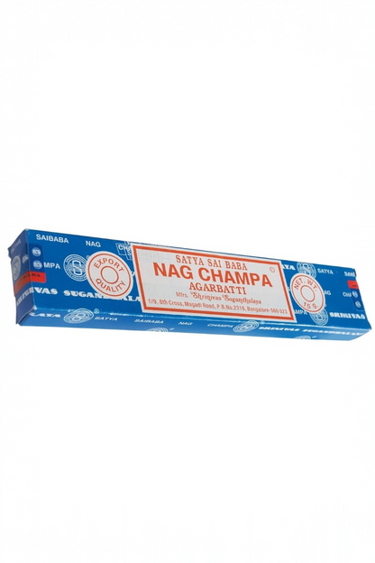 Box of Nag Champa incense sticks on a white background