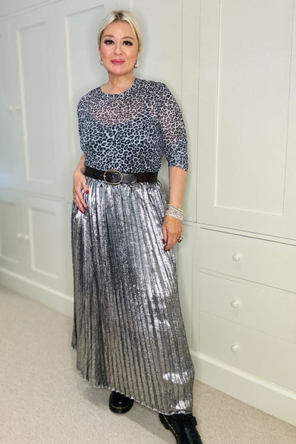 Lacey Metallic Pleated Maxi Skirt