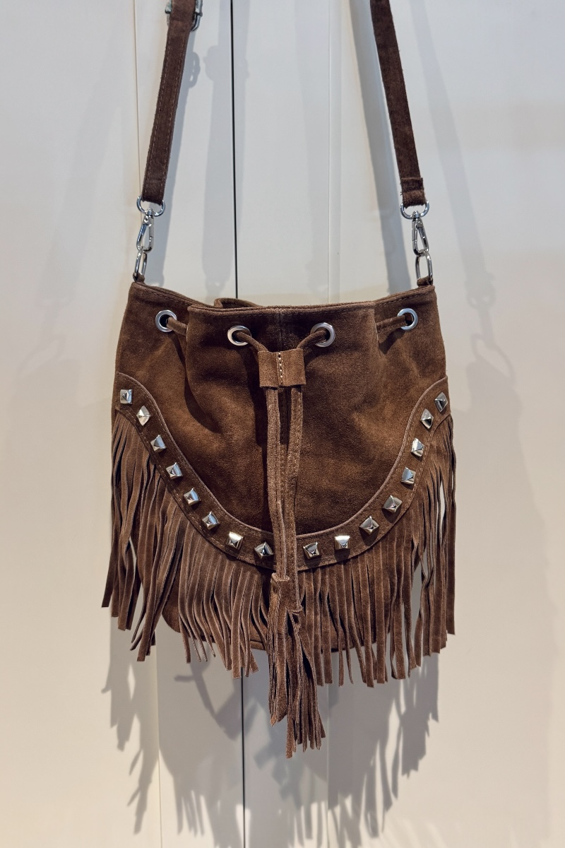 Leather & Suede Fringed Bucket Bag With Studs