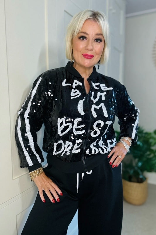 Harper Slogan Sequin Bomber Jacket