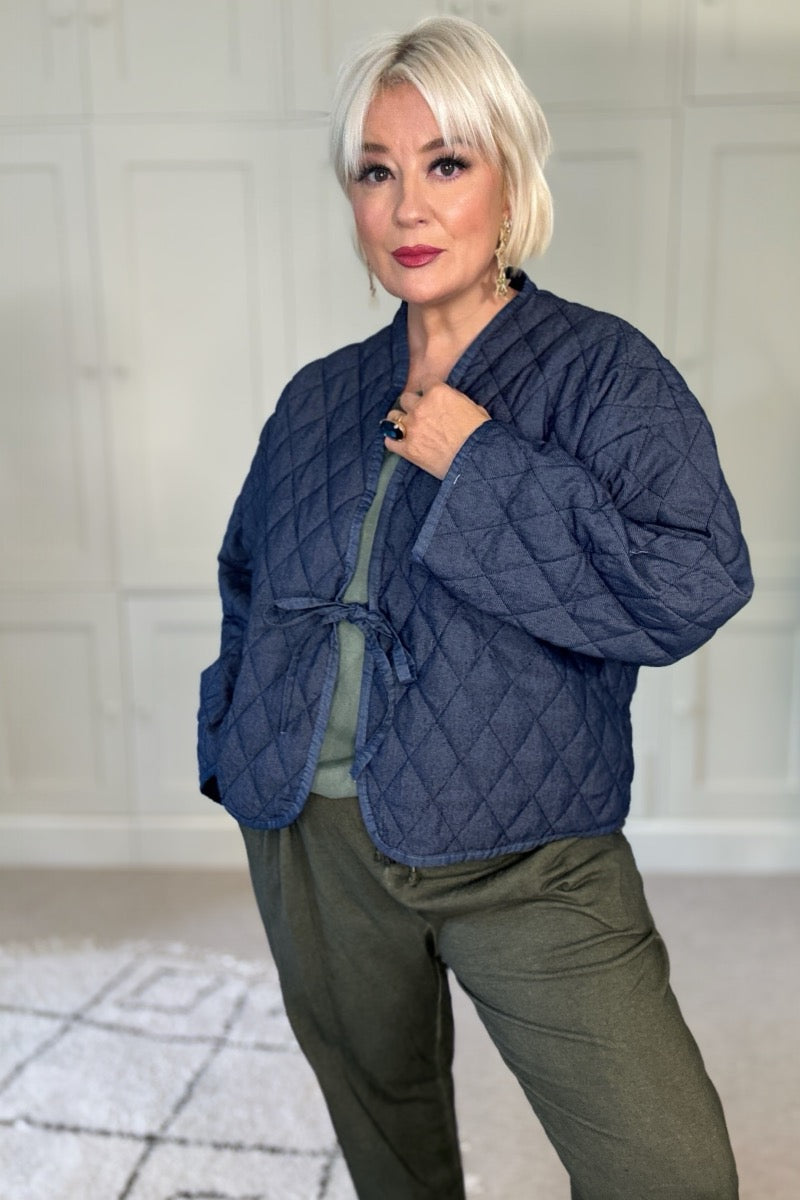 Anya Denim Tie-Front Quilted Jacket