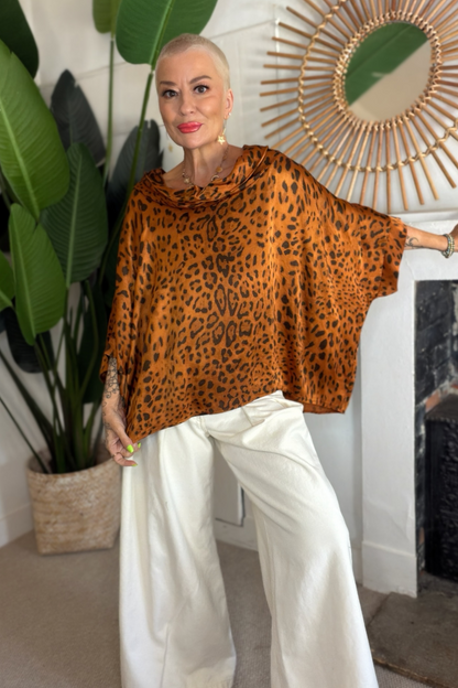 Leopard Print Cowl Neck Satin Top