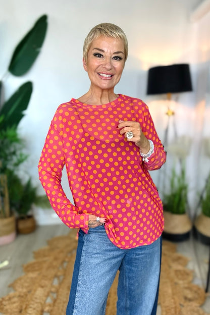 Polka Dot Print Mesh Top